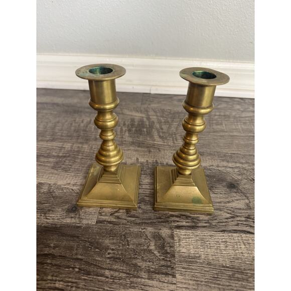 Anderson Foundry Arts & Crafts Mission Brass Candlesticks Pair 6 3/8” Art Deco - Picture 7 of 10